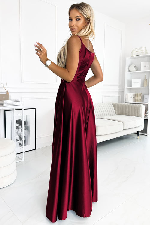 CHIARA – Elegantna satenska maxi haljina s naramenicama u bordo boji