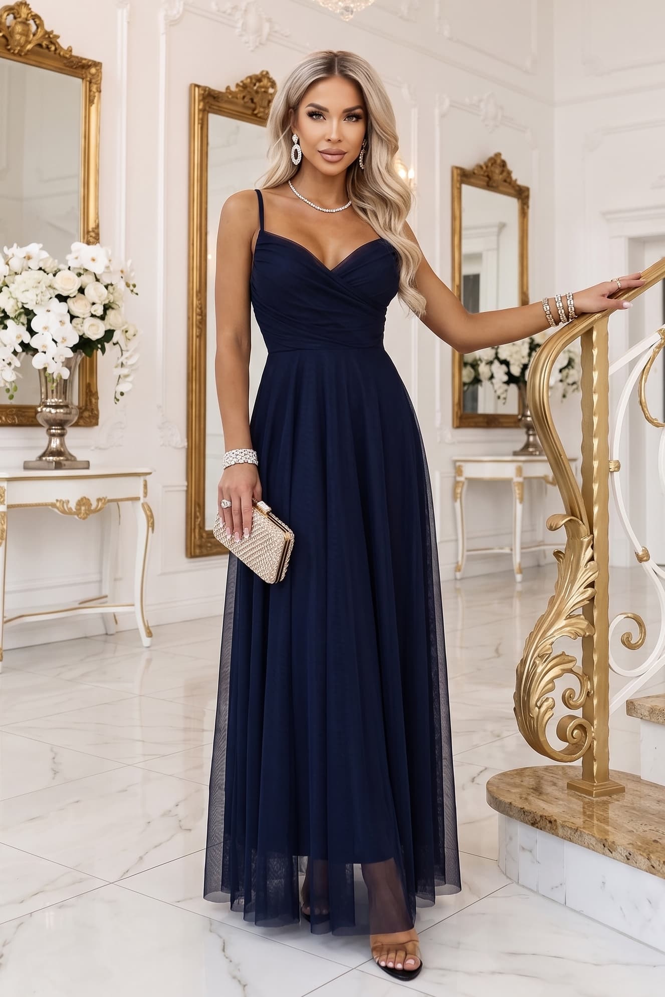 NILA | Tulle maxi haljina na naramenice s kopertnim dekolteom