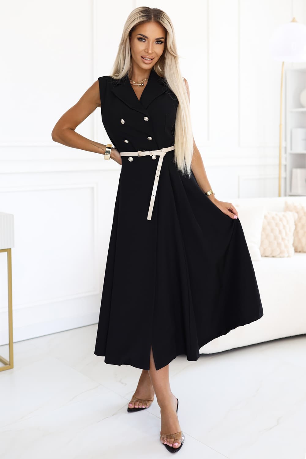 TATY | Elegantna midi košulja-haljina sa zlatnim gumbima i pojasom
