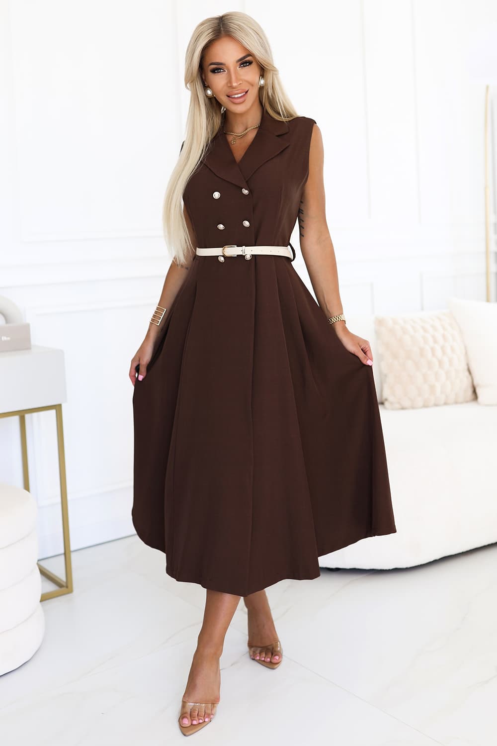 TATY | Elegantna midi košulja-haljina sa zlatnim gumbima i pojasom